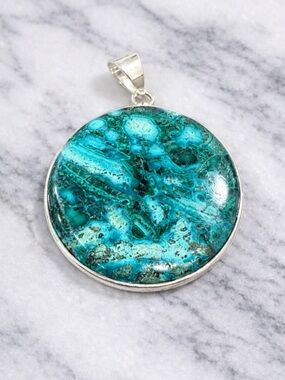 Chrysocolla Malachite Pendant Sterling Silver Lg  Statement Gemstone Blue/Green